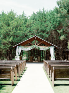 Wedding at Hidden Creek Texas Dallas TX Outdoor Ceremony June Summer Woods Classic Satin Dress Blue Decor Kelsey LaNae Photography