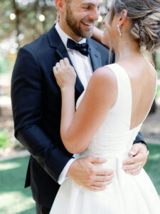 Wedding at Hidden Creek Texas Dallas TX Outdoor Ceremony June Summer Woods Classic Satin Dress Blue Decor Kelsey LaNae Photography