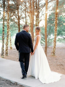 Wedding at Hidden Creek Texas Dallas TX Outdoor Ceremony June Summer Woods Classic Satin Dress Blue Decor Kelsey LaNae Photography